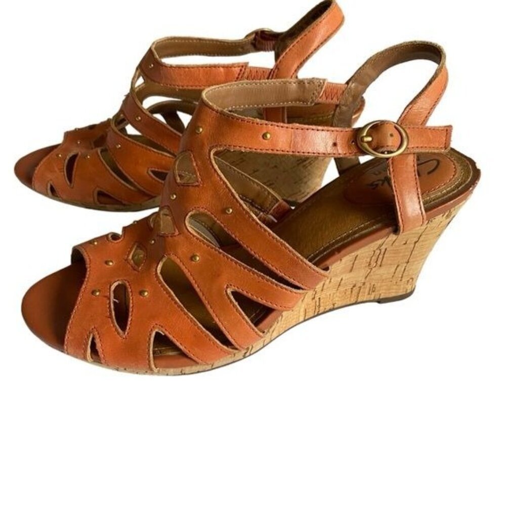 Clarks Sandal Orange Leather Fiddle Studded Strappy Wedge Sz 5.5
